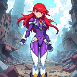 A teenage android with striking long crimson hair that cascades around her shoulders, presenting a fierce and determined expression