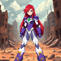 A teenage android with striking long crimson hair that cascades around her shoulders, presenting a fierce and determined expression