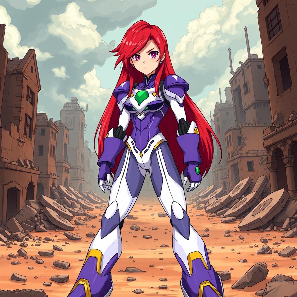 A teenage android with striking long crimson hair that cascades around her shoulders, presenting a fierce and determined expression