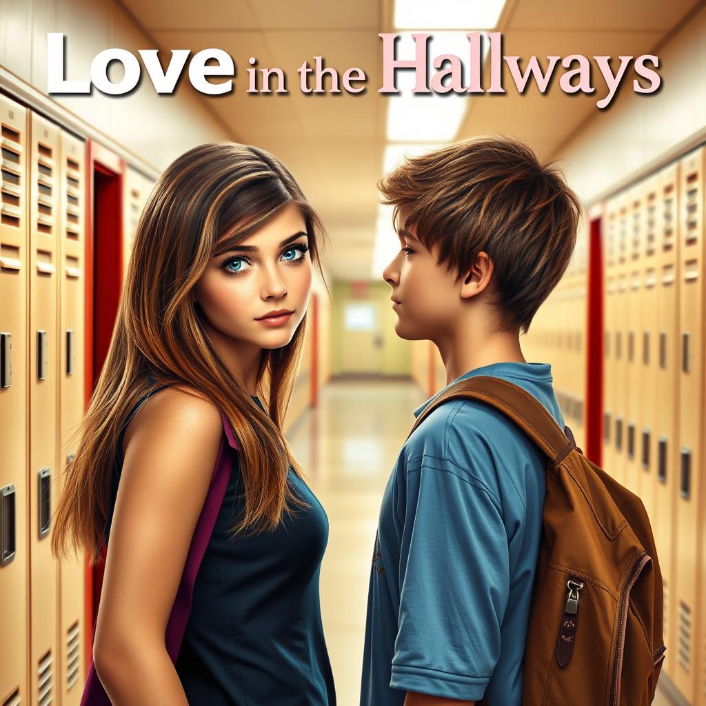 A realistic movie poster featuring a teenage girl with blue eyes and a popular brown-haired boy, set in the school hallways