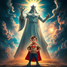 An inspiring scene depicting a young boy with Down syndrome standing confidently in front of a majestic, powerful god figure
