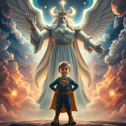 An inspiring scene depicting a young boy with Down syndrome standing confidently in front of a majestic, powerful god figure