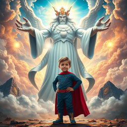 An inspiring scene depicting a young boy with Down syndrome standing confidently in front of a majestic, powerful god figure