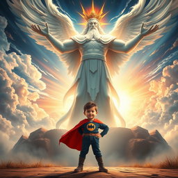 An inspiring scene depicting a young boy with Down syndrome standing confidently in front of a majestic, powerful god figure