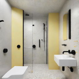 Modern bathroom with three grey terrazzo walls, one white glossy brick wall, black shower fixtures, tap, and a pastel yellow ceiling.