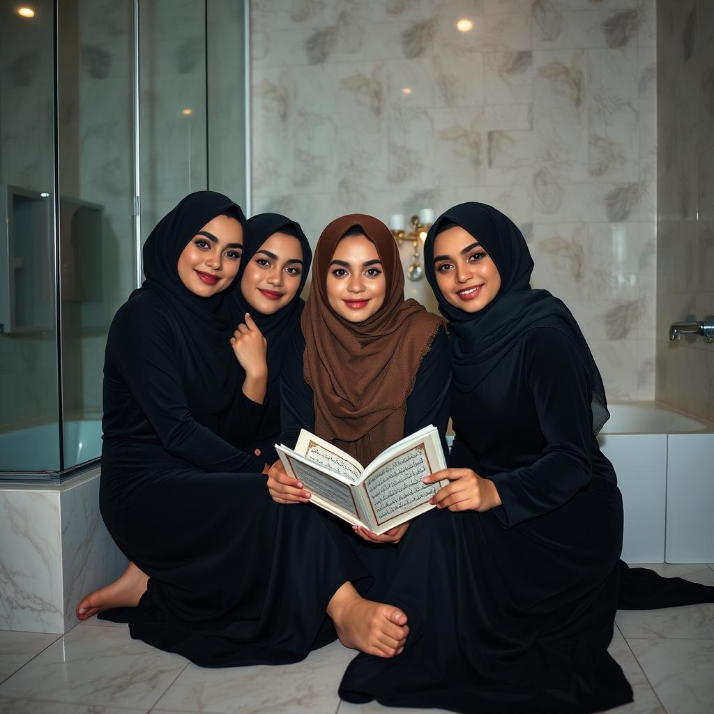 A scene featuring several beautiful Muslim women, approximately 33 years old, of Arab-Indonesian descent, showcasing charming dimples on their faces