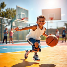 A heartwarming scene of a young boy without arms enthusiastically playing basketball