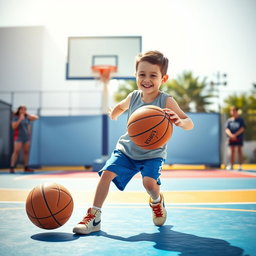 A heartwarming scene of a young boy without arms enthusiastically playing basketball