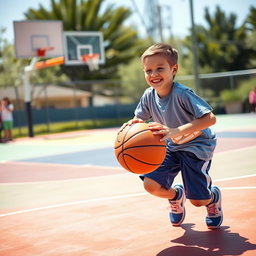 A heartwarming scene of a young boy without arms enthusiastically playing basketball