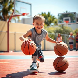 A heartwarming scene of a young boy without arms enthusiastically playing basketball