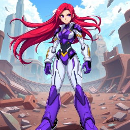 A teenage android characterized by her long, flowing crimson hair that exudes confidence and strength