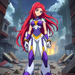 A teenage android characterized by her long, flowing crimson hair that exudes confidence and strength