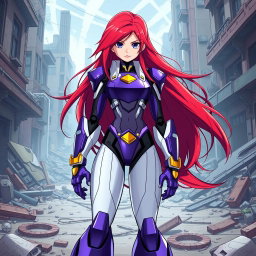A teenage android characterized by her long, flowing crimson hair that exudes confidence and strength