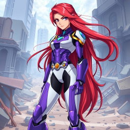 A teenage android characterized by her long, flowing crimson hair that exudes confidence and strength