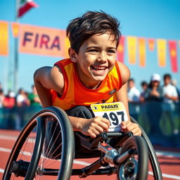 An exhilarating scene of a young boy in a wheelchair, competing fiercely in a race