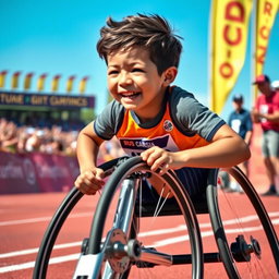 An exhilarating scene of a young boy in a wheelchair, competing fiercely in a race