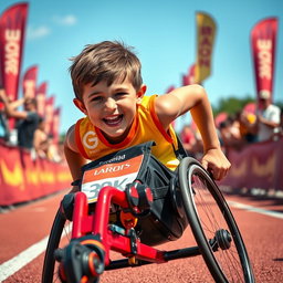 An exhilarating scene of a young boy in a wheelchair, competing fiercely in a race
