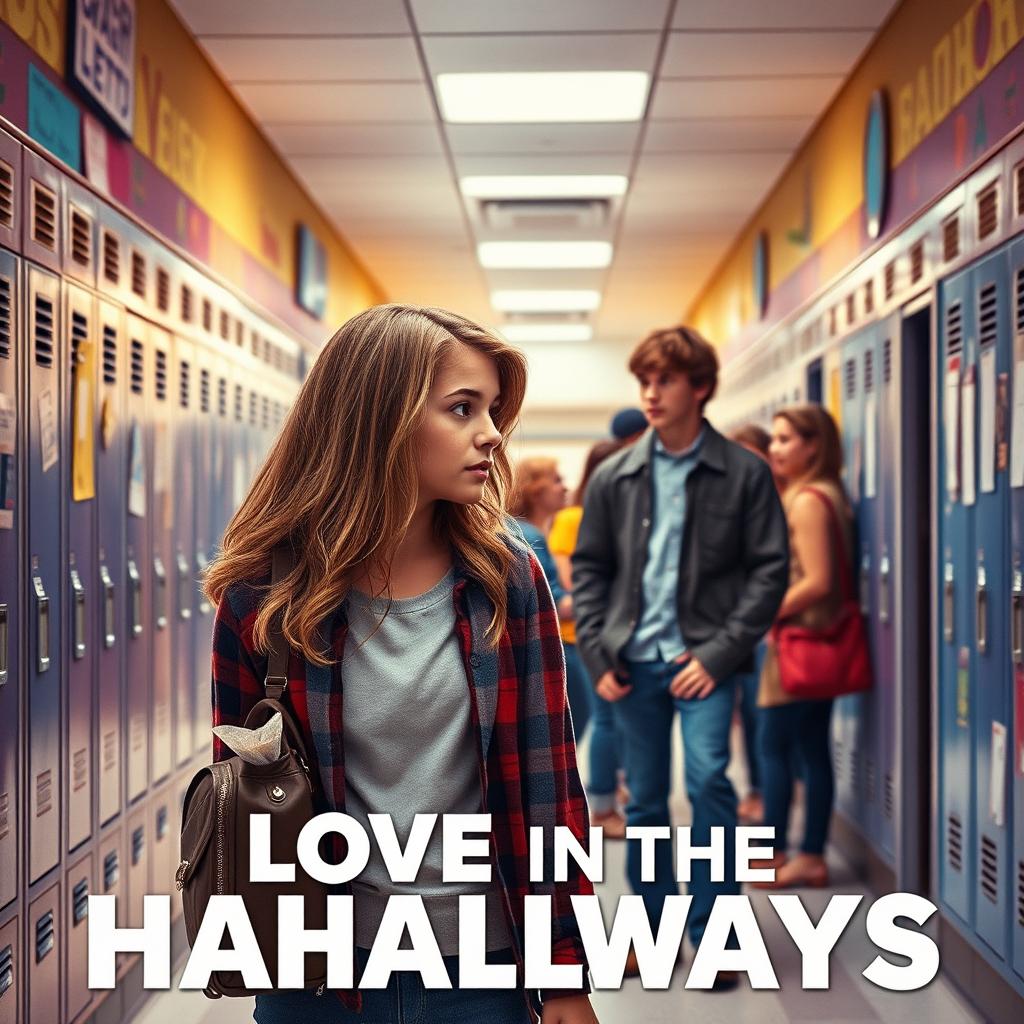 A captivating movie poster for 'Love in the Hallways,' featuring a teenage girl who is secretly in love with the popular boy at her school