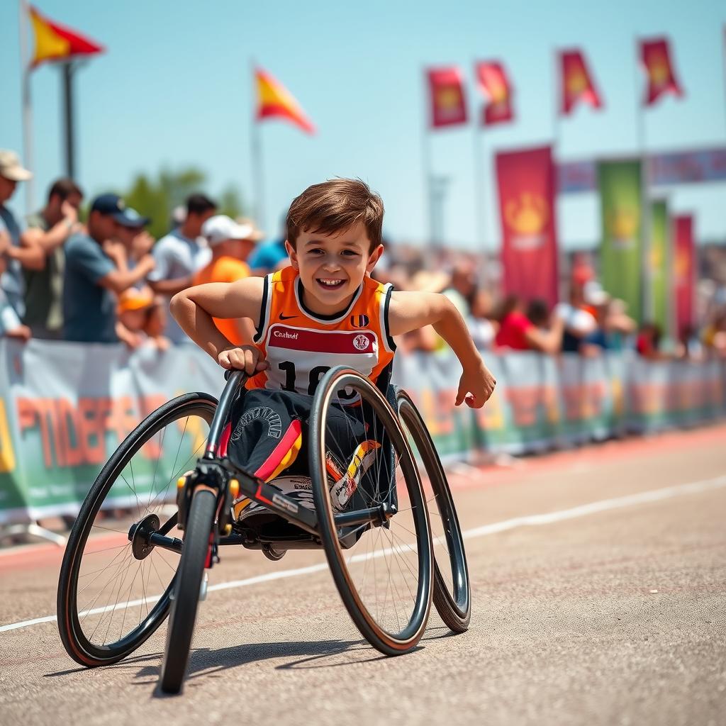 An exhilarating scene of a young boy in a wheelchair, competing fiercely in a race