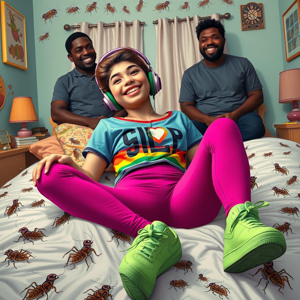 A romantic movie poster featuring a young woman with Down syndrome, wearing a colorful LGBTQ+ themed top with a deep neckline, tight magenta pants, and green Air Force 1 sneakers