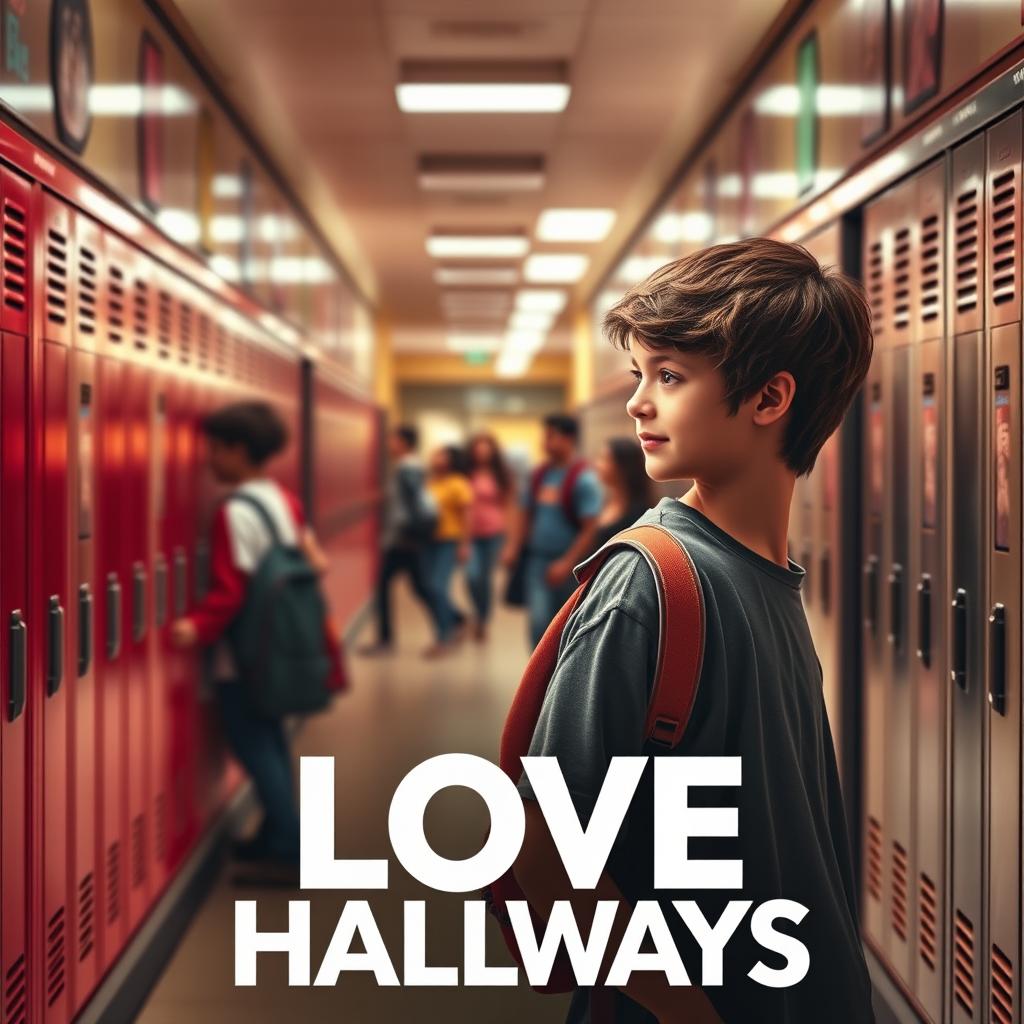 A captivating movie poster for 'Love in the Hallways,' showcasing a teenage girl who is infatuated with the popular boy at her school
