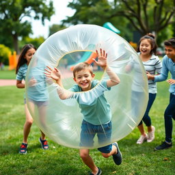 A playful scene featuring a young boy joyfully engaging in a fun activity where he is playfully caught in a large inflated ball, resembling a human-sized beach ball