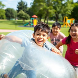 A playful scene featuring a young boy joyfully engaging in a fun activity where he is playfully caught in a large inflated ball, resembling a human-sized beach ball