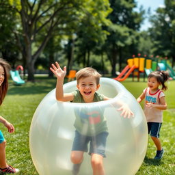 A playful scene featuring a young boy joyfully engaging in a fun activity where he is playfully caught in a large inflated ball, resembling a human-sized beach ball