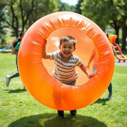 A playful scene featuring a young boy joyfully engaging in a fun activity where he is playfully caught in a large inflated ball, resembling a human-sized beach ball
