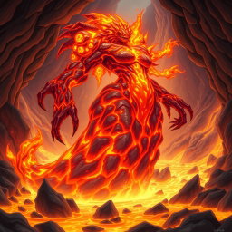 A gargantuan lava elemental with a massive, flowing body made entirely of molten lava, radiating heat and energy