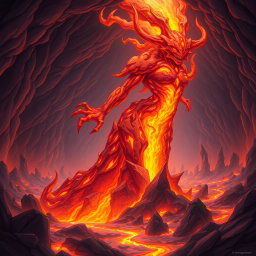 A gargantuan lava elemental with a massive, flowing body made entirely of molten lava, radiating heat and energy