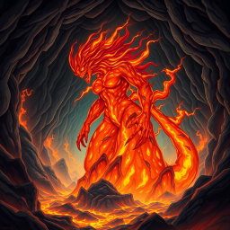 A gargantuan lava elemental with a massive, flowing body made entirely of molten lava, radiating heat and energy
