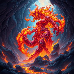 A gargantuan lava elemental with a massive, flowing body made entirely of molten lava, radiating heat and energy