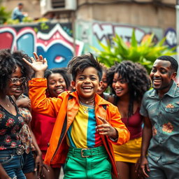 A vibrant and uplifting scene featuring a young flamboyant boy, dressed in colorful, stylish clothing, joyfully interacting with a diverse group of friends with dark skin tones