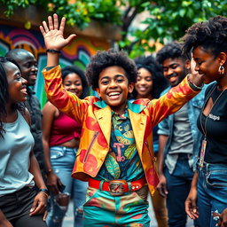 A vibrant and uplifting scene featuring a young flamboyant boy, dressed in colorful, stylish clothing, joyfully interacting with a diverse group of friends with dark skin tones