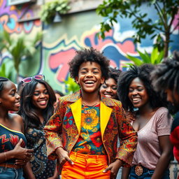 A vibrant and uplifting scene featuring a young flamboyant boy, dressed in colorful, stylish clothing, joyfully interacting with a diverse group of friends with dark skin tones