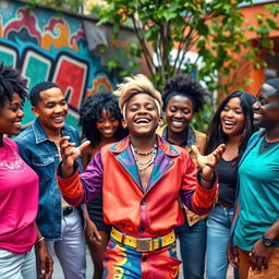A vibrant and uplifting scene featuring a young flamboyant boy, dressed in colorful, stylish clothing, joyfully interacting with a diverse group of friends with dark skin tones