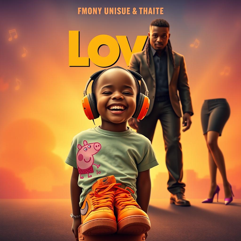 A vibrant movie poster for a unique love story featuring a young girl without hair who has Down syndrome, radiating joy while listening to aggressive phonk music