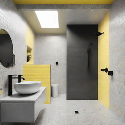 Modern bathroom with three grey terrazzo walls, one white glossy brick wall, black shower fixtures, tap, and a pastel yellow ceiling.