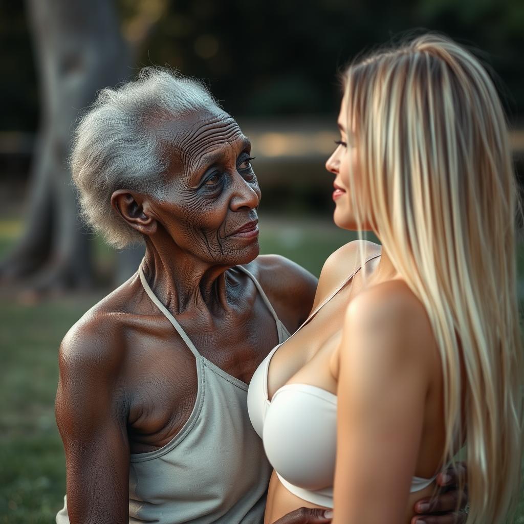 A realistic scene depicting a 100-year-old African woman, characterized as unattractive and extremely thin, expressing love towards a young blonde woman who has long, straight hair and notably large breasts accentuated by a stylish bra