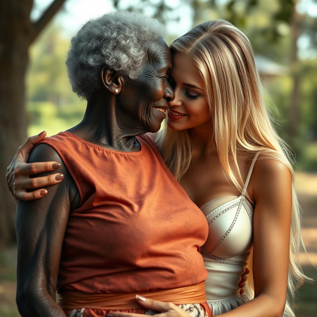 A highly realistic depiction of a 100-year-old African woman, described as unattractive and extremely thin, showing affection for a young blonde woman
