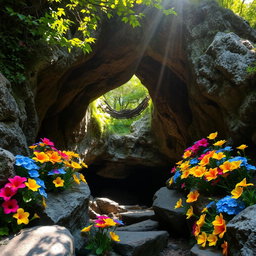 A stunning entrance to a mystical cave, adorned with vibrant, colorful flowers blooming around the rocky entrance