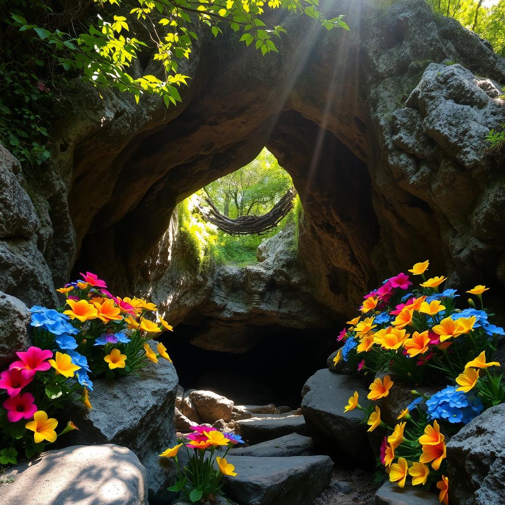 A stunning entrance to a mystical cave, adorned with vibrant, colorful flowers blooming around the rocky entrance