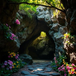 A stunning entrance to a mystical cave, adorned with vibrant, colorful flowers blooming around the rocky entrance