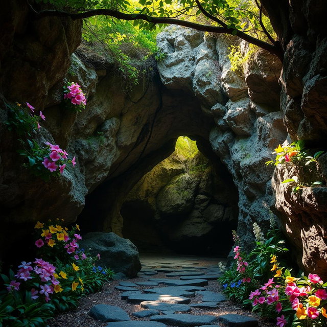 A stunning entrance to a mystical cave, adorned with vibrant, colorful flowers blooming around the rocky entrance