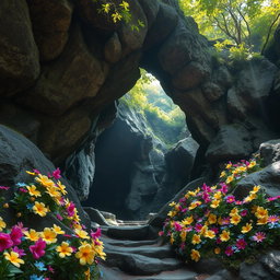 A stunning entrance to a mystical cave, adorned with vibrant, colorful flowers blooming around the rocky entrance