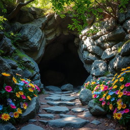 A stunning entrance to a mystical cave, adorned with vibrant, colorful flowers blooming around the rocky entrance