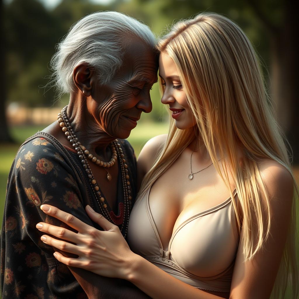 A highly realistic scene featuring a 100-year-old African woman, perceived as unattractive and extremely thin, sharing a moment of affection with a young blonde woman