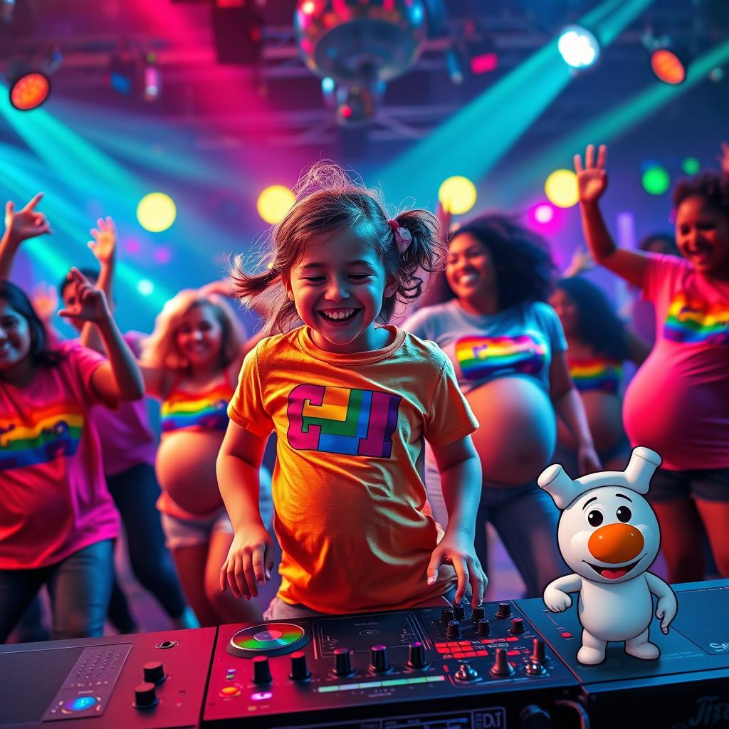A vibrant movie poster featuring a girl with Down syndrome joyfully dancing, surrounded by energetic dancers who are Black and pregnant, each wearing colorful LGBTQ+ t-shirts