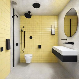 Modern bathroom with three grey terrazzo walls, one white glossy brick wall, black shower fixtures, tap, and a pastel yellow ceiling.